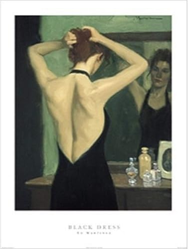 Buyartforless Ed Martinez - Póster de 24 x 32 pulgadas, diseño abstracto de mujer figurativa en vestido negro, arreglando el cabello en el espejo