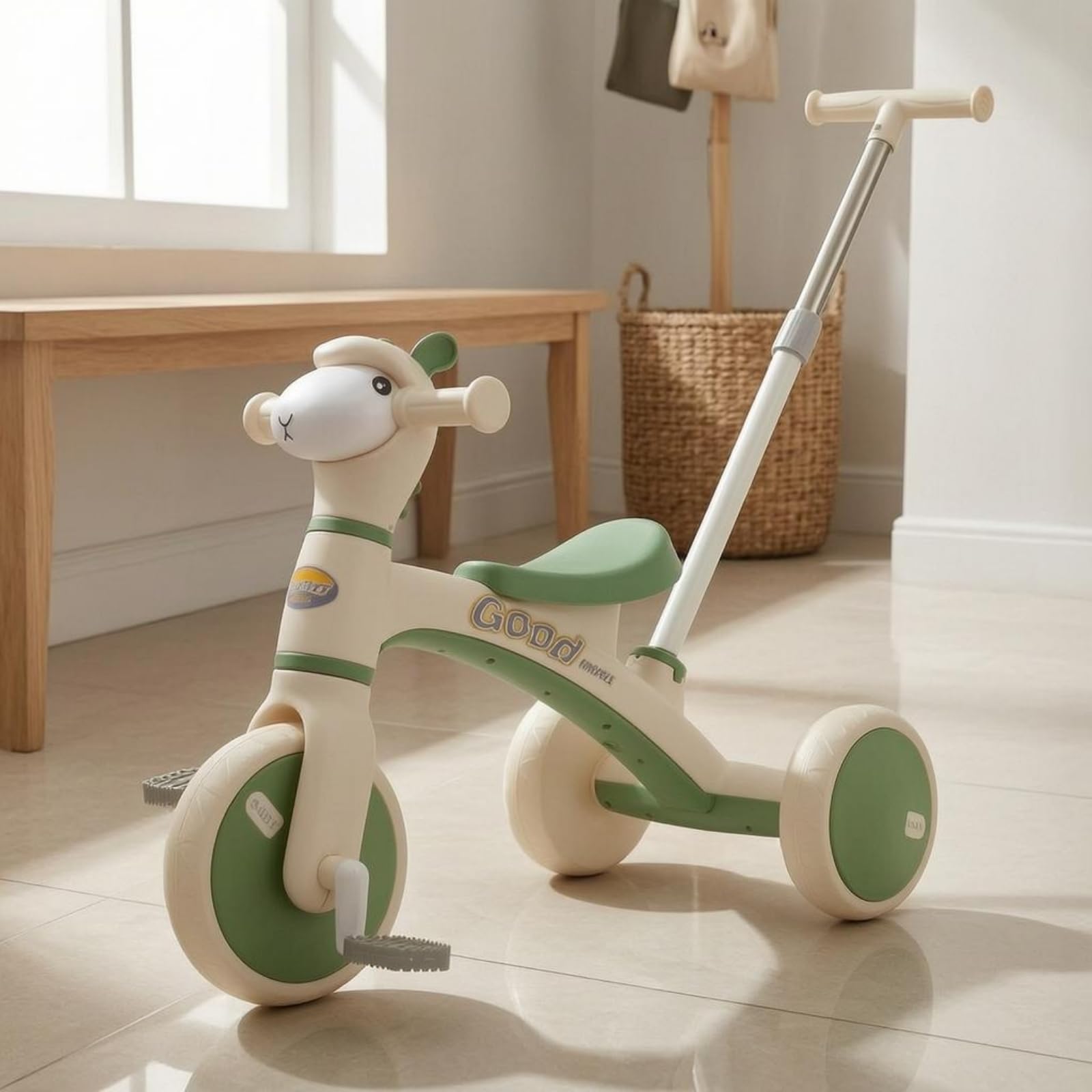 Veicolo a Tre Ruote Alpaca Musica e Luci Veicolo a Tre Ruote a Spinta Leggero per Bambini Piccoli, Arancione