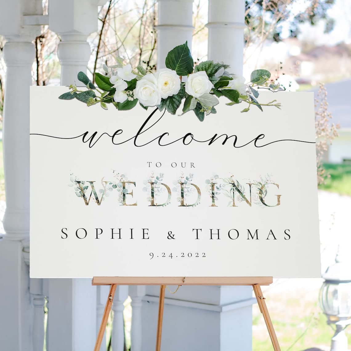 VIRAGIL Personalized Wedding Welcome Sign, Welcome to Our Wedding Sign, Wedding Sign Eucalyptus, Wedding Greenery, Wedding Eucalyptus Centerpiece, Wedding Decorations for Ceremony