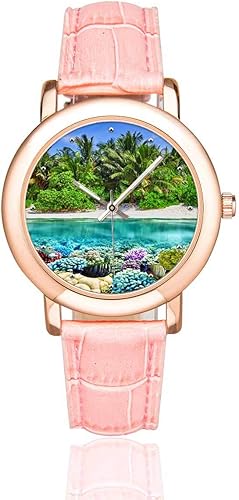 InterestPrint Tropical Beach Chair Starfish - Reloj de pulsera con correa de cuero rosa para mujer
