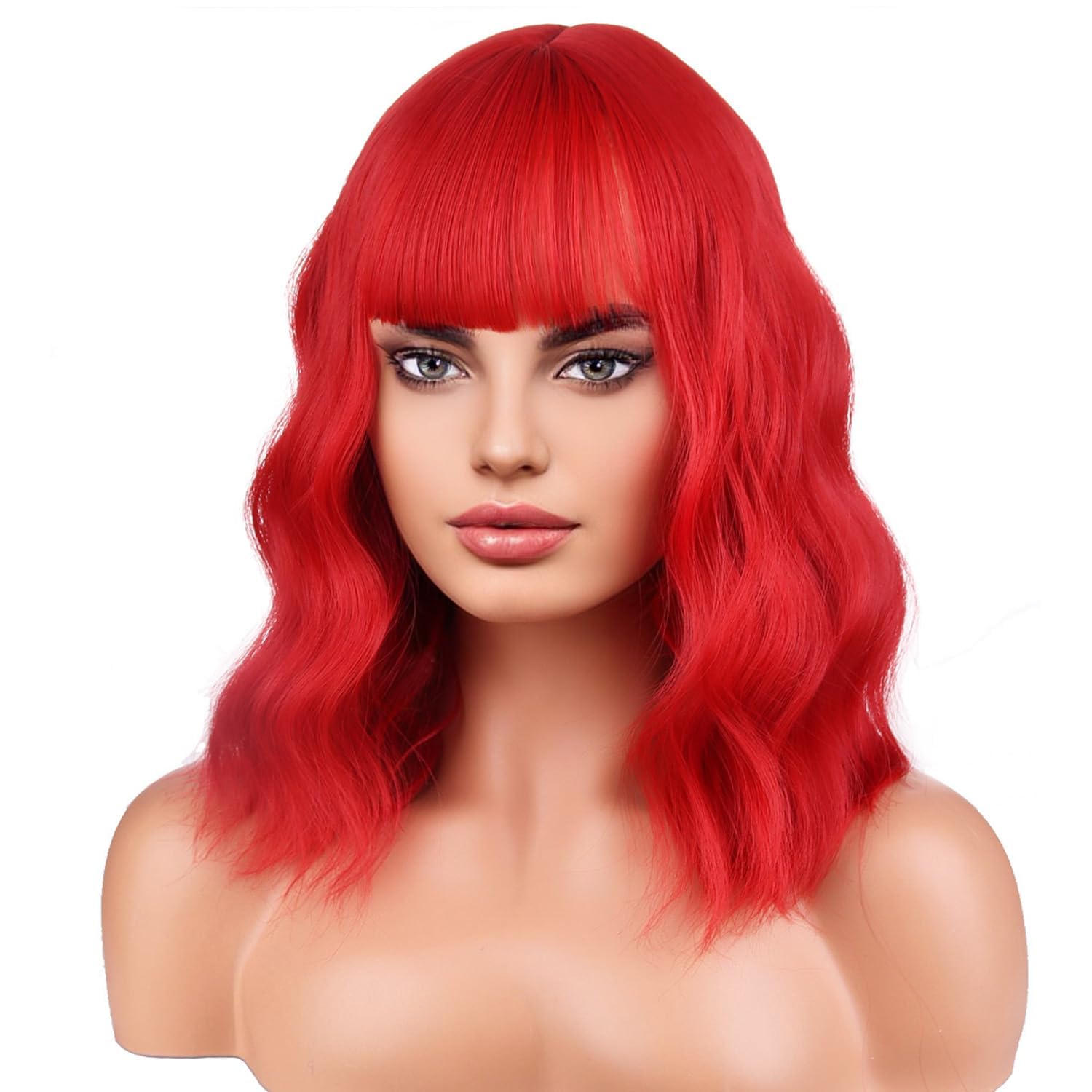 BERON 14 Inches Red Wig Neon Red Wigs Short Curly Wigs with Bangs for Women Daily Party or Cosplay Hairnet Include