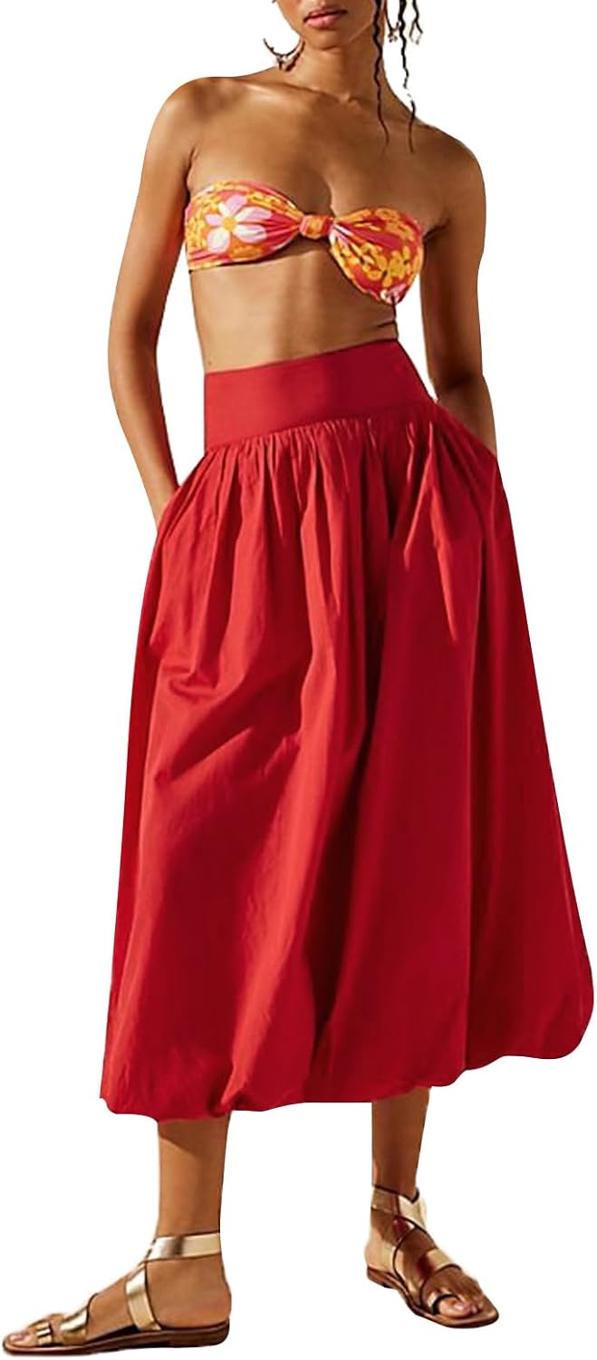 NUFIWI Women Y2k Bubble Maxi Skirt Low Elastic Waist A Line Long Skirt Summer Casual Ruffle Pleated Midi Dress - Image 2