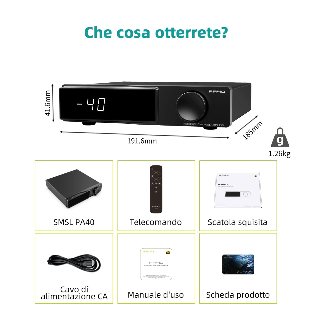 SMSL PA40 Amplificatore di potenza in classe D, amplificatore stereo 165Wx2 per altoparlanti passivi, con chip MA5332/ Controlli EQ/Bassi/Alti/Alimentazione integrata