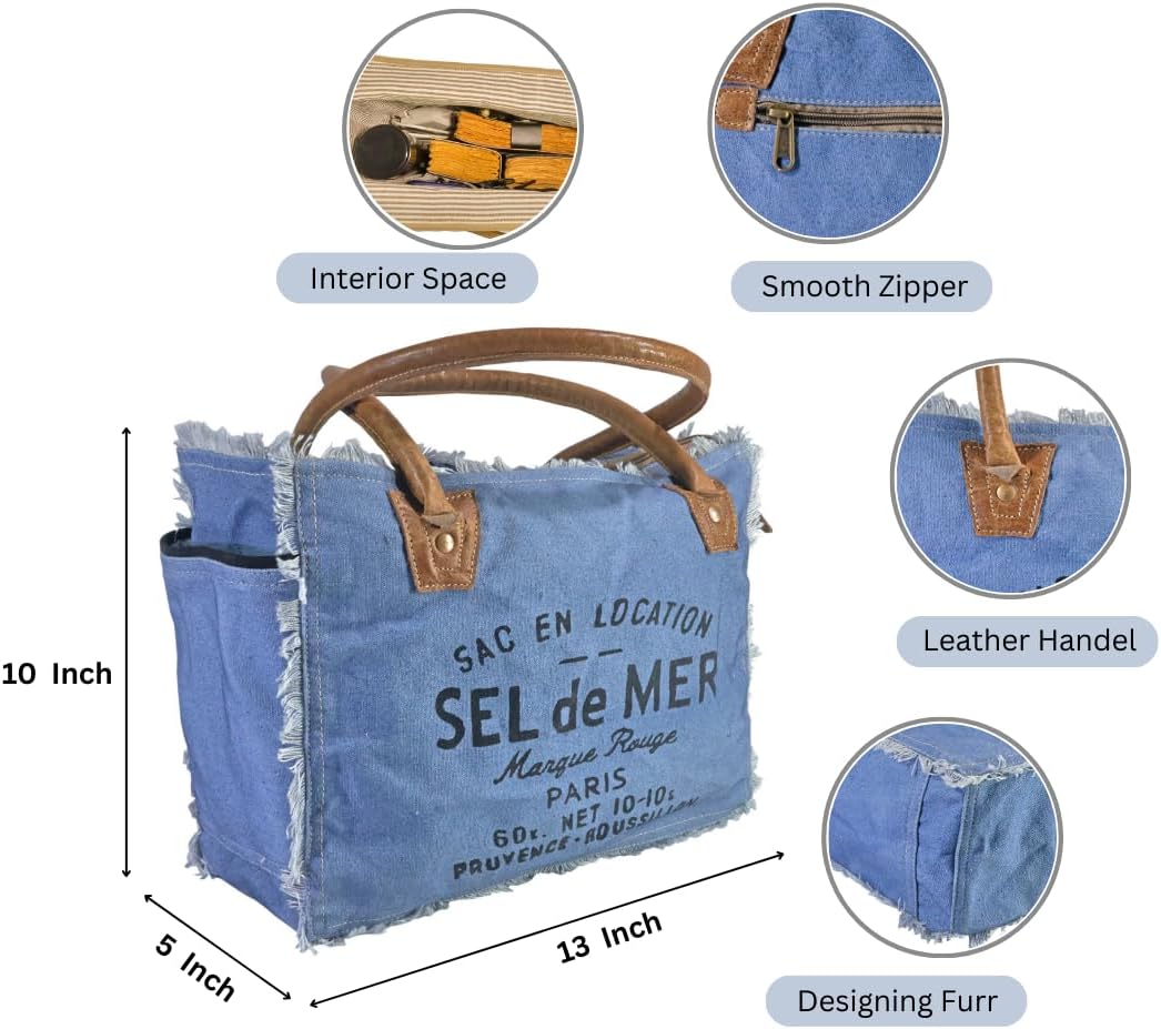 Sel de mer upcycled canvas hand bag upcycled canvas & cowhide tote bag (10X13 Inch)
