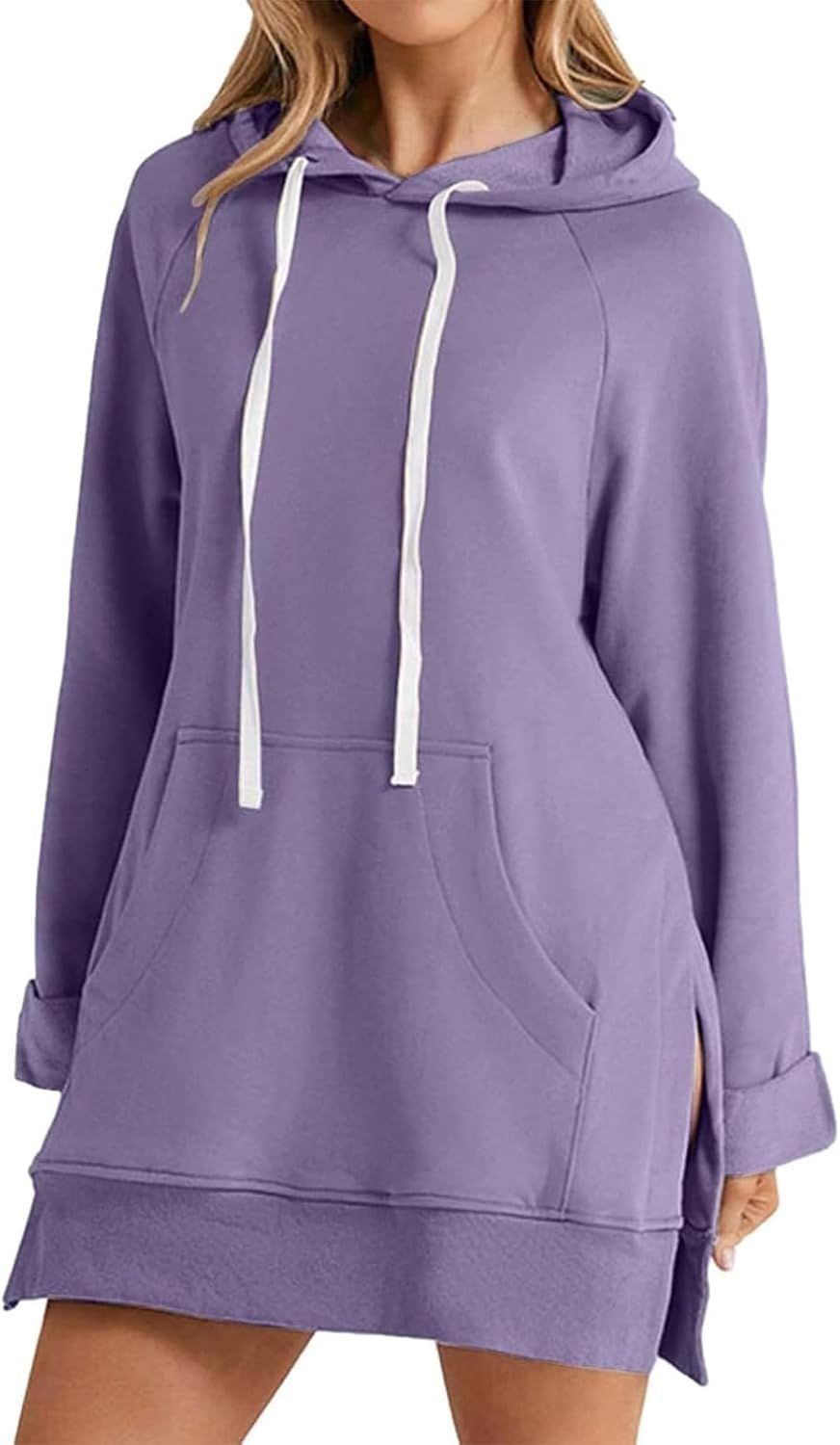 Oversized Hoodie Dress for Women Long Sleeve Pullover Split Hem Hooded Sweatshirt with Pocket Casual Fall Winter Outfit