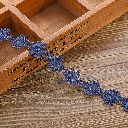 XCSJ 5 x 2.5cm Applique Sewing Edges Flower Embroidery Lace Ribbon Lace Fabric Daisy Polyester Flower Ribbon Appliques for Hair Band Clothes (All Dark Blue)