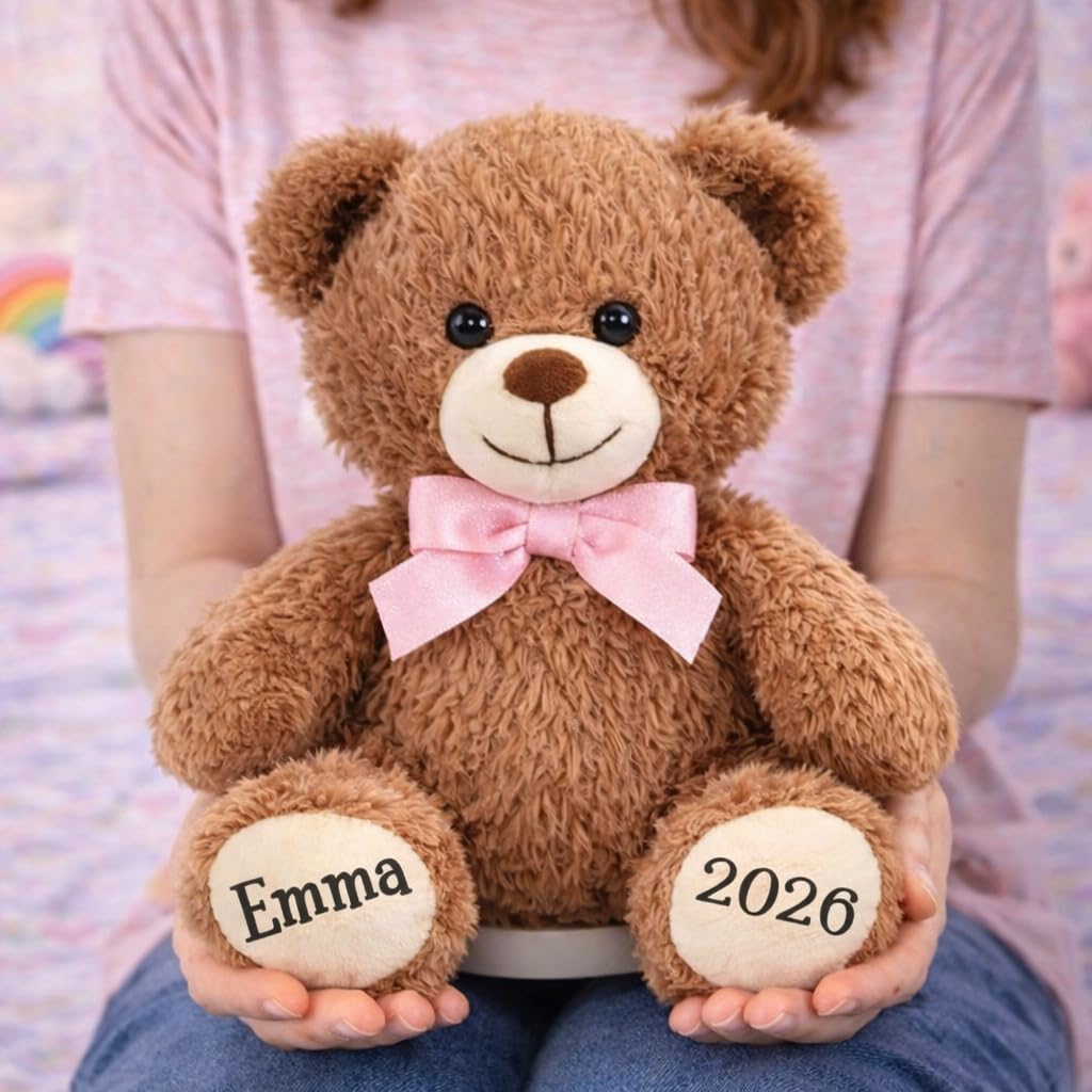 burton+BURTON Personalized Teddy Bear with Name & Year – 10 Inch Plush Stuffed Animal, Custom Keepsake Bear for Kids, Baby Gift, Birthday, Nursery Décor