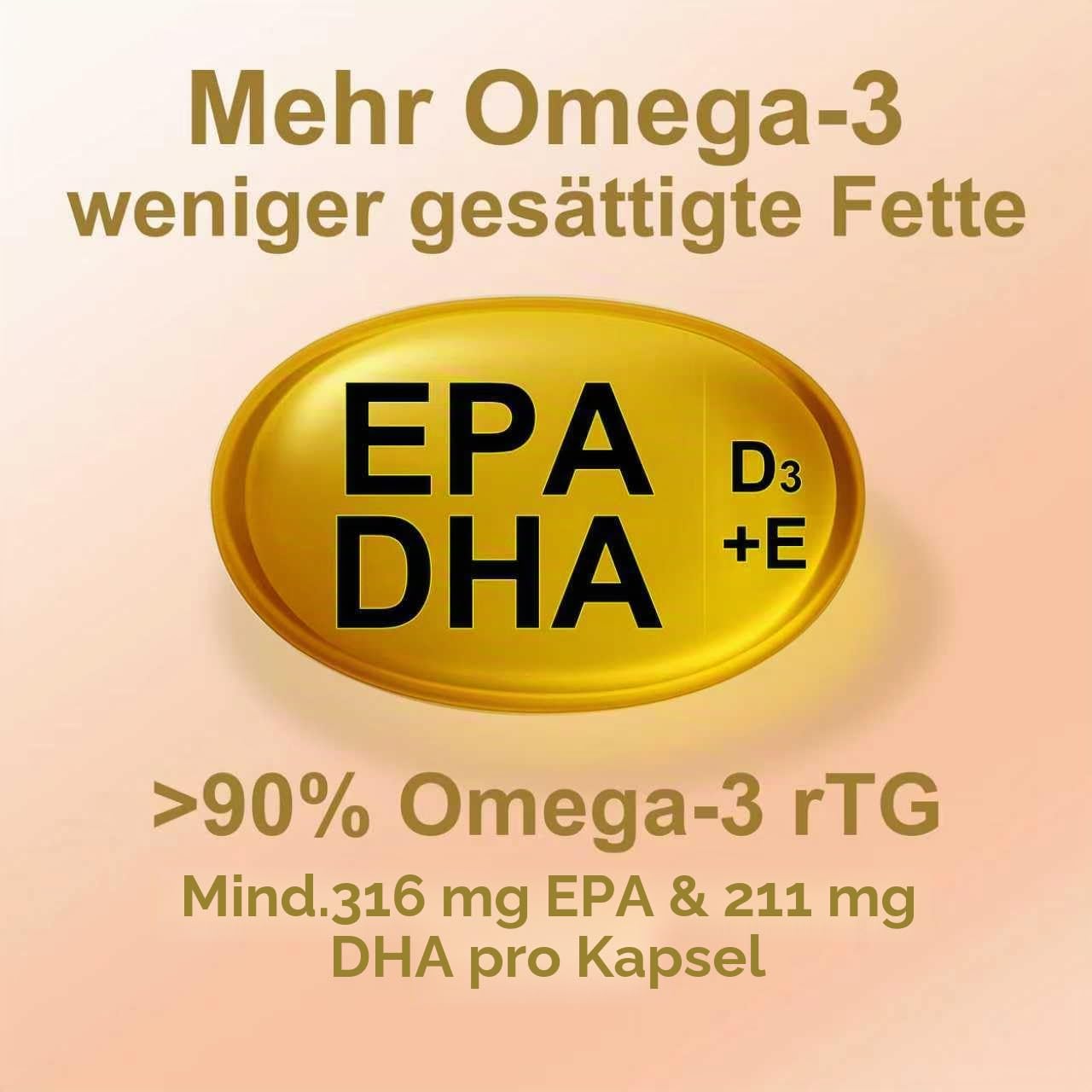 Omega-3 Fischöl + Vitamin D3 & E – Hochdosiert & Magensaftresistent 60 Softgel EPA & DHA >90 % Konzentration – Ohne Aufstoßen – Herz, Gehirn, Sehkraft – HERZSTÜCK PROTECT Omega 3 Kapseln