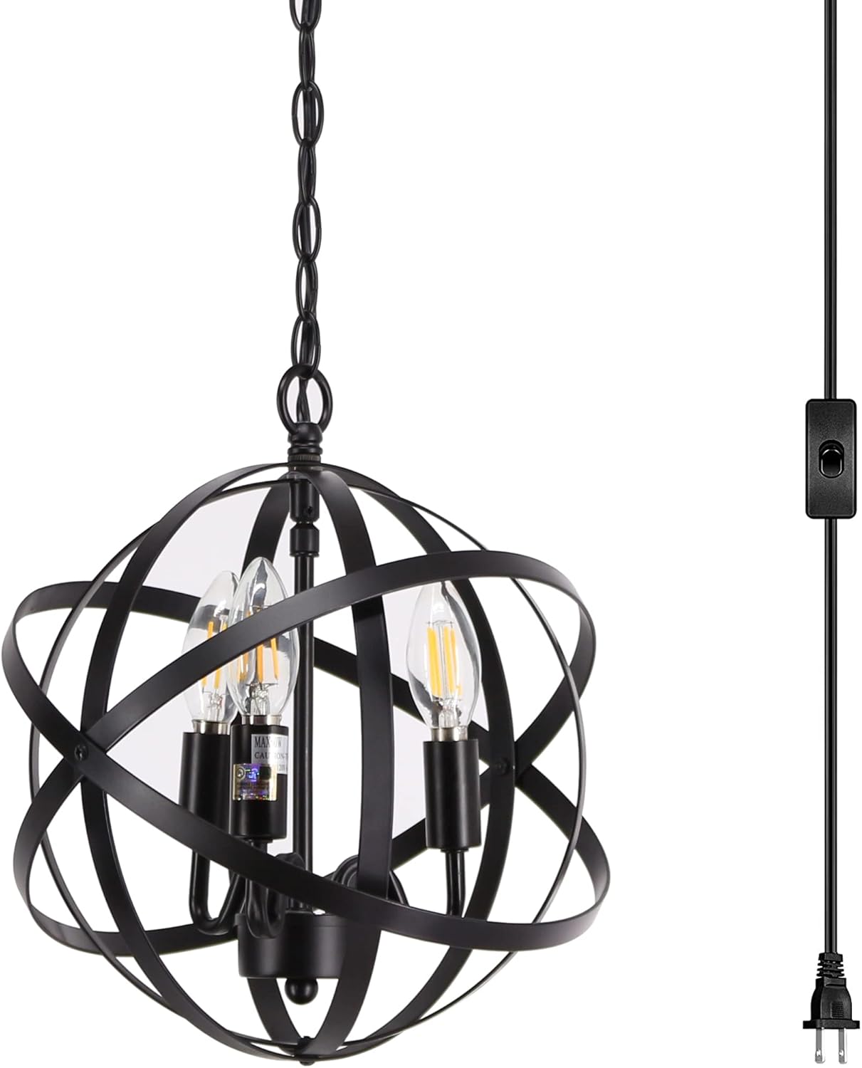 3 Light Chandelier Plug in Pendant Hanging Light Globe Swag Black Iron Lamp Chain Adjustable 15 Ft Cord On/Off Switch for Hallway Entryway Bedroom Balcony Kitchen Island Foyer