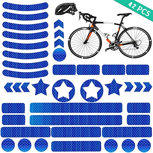 YIKEF Pegatinas Reflectantes, 42 Piezas de Reflectores Adhesivos Reflector Stickers, Visibilidad de Noche, para Cascos, Bicicletas, Cochecitos, Sillas de Ruedas y Más (Azul)