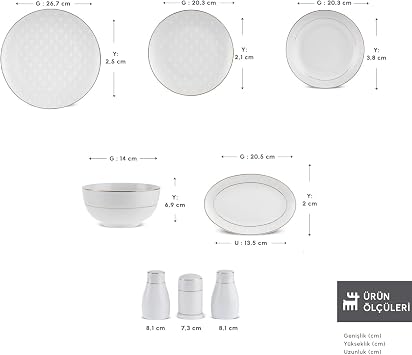 Karaca Mandarin White Dinnerware Sets, Modern Kitchen Dinner Set for 12 People, Bone China Dishwasher Safe Plates and Bowls Sets, Durable & Elegant, Gold Trim, 53-Piece