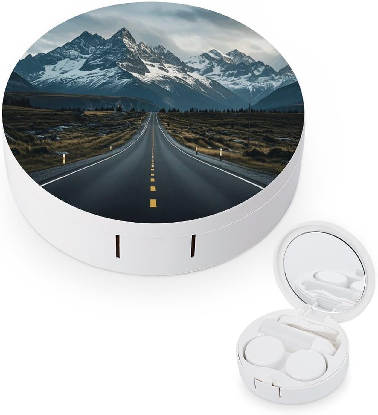 Dark Road to Mountains Contact Lens Case with Cleaner Washer Cute Contact Lens Soak Storage Holder Container with Mirror Mini Portable Contact Lens Box Set for Travel Outdoor Use