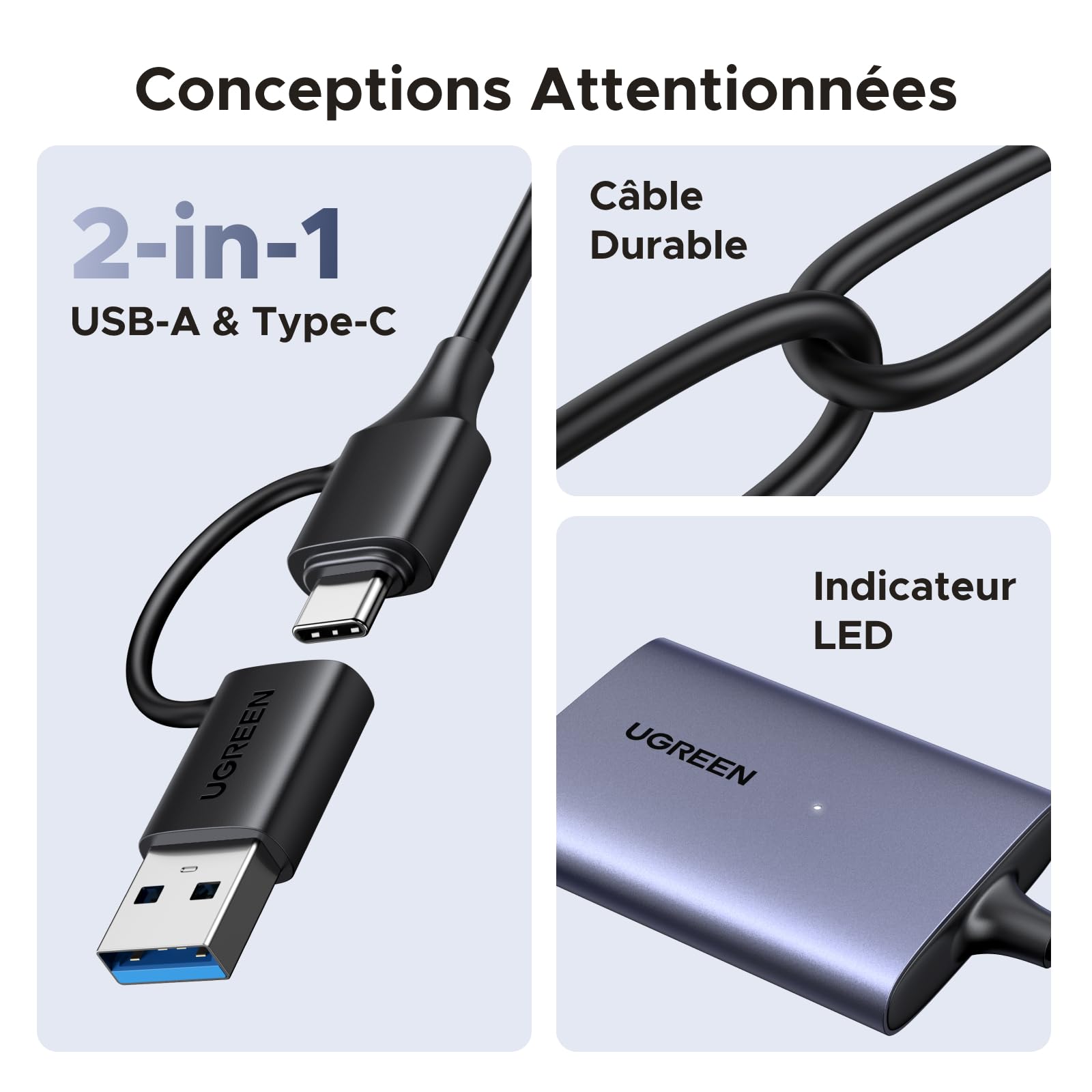UGREEN Lecteur de Carte CFexpress Type B USB A et USB C 3.2 Gen 2 Mâle 10Gbps Adaptateur Carte Mémoire CFe Type B 1250MB/s Théorique Compatible avec MacBook iPad Pro Air iPhone 17 Air Pro Max 16