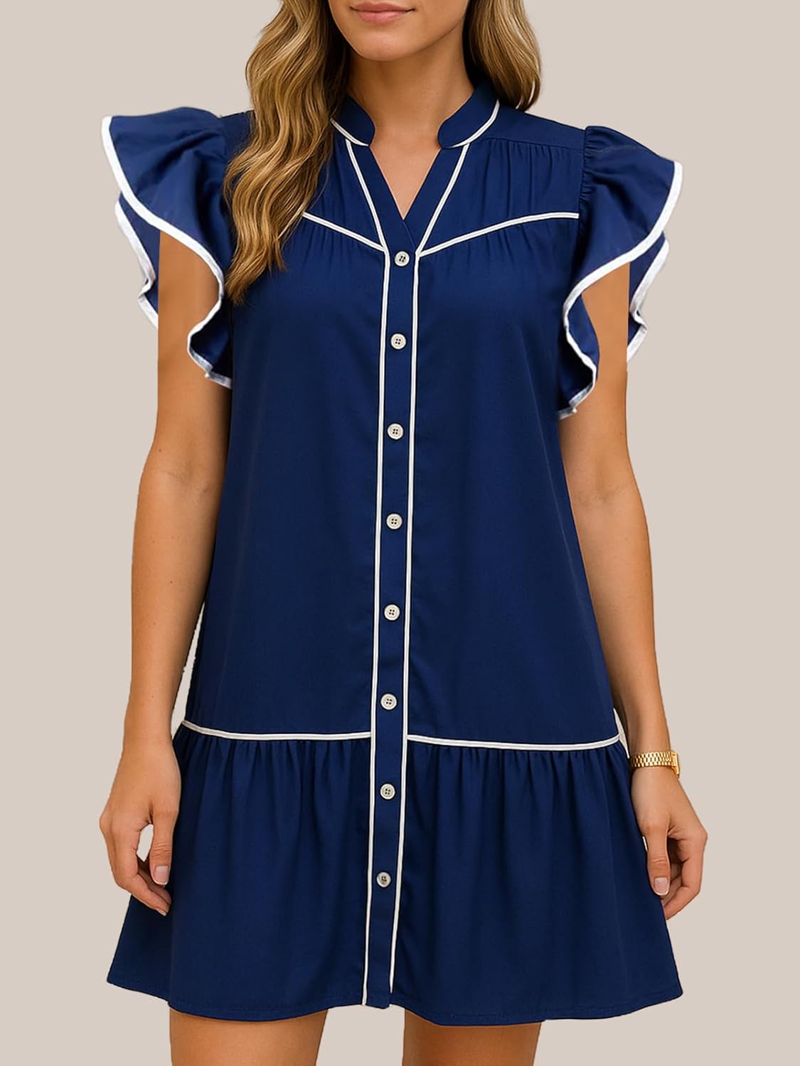 Women's Button Down Ruffle Cap Sleeve Mini Dress V Neck A Line Flowy Babydoll Short Dresses with Pockets - Image 6