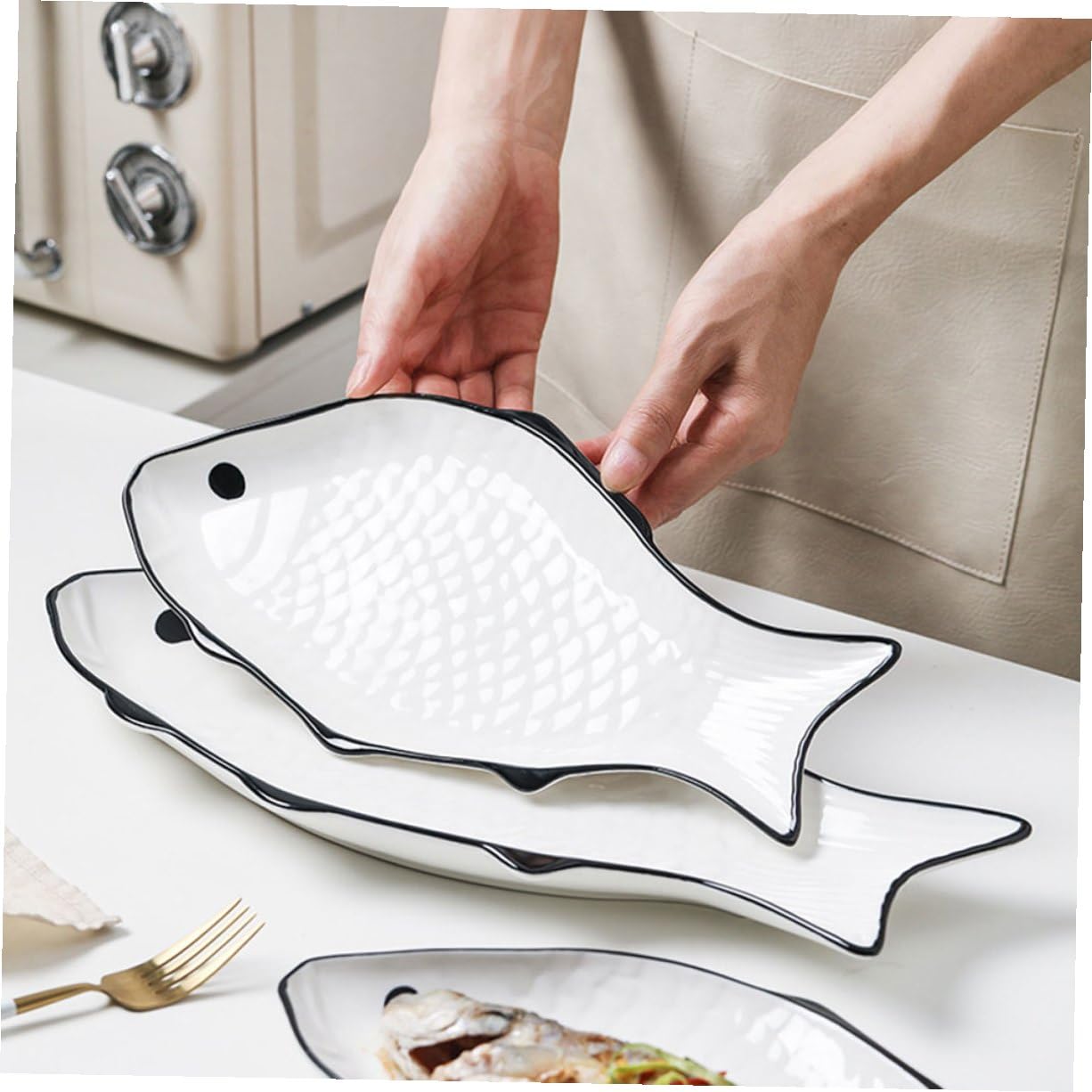 Uonlytech Plato para Cocinar Pescado al Vapor de Ceramica Soporte para Cocinar al Vapor Alimentos Plato para Servir Pescado Forma de Pez