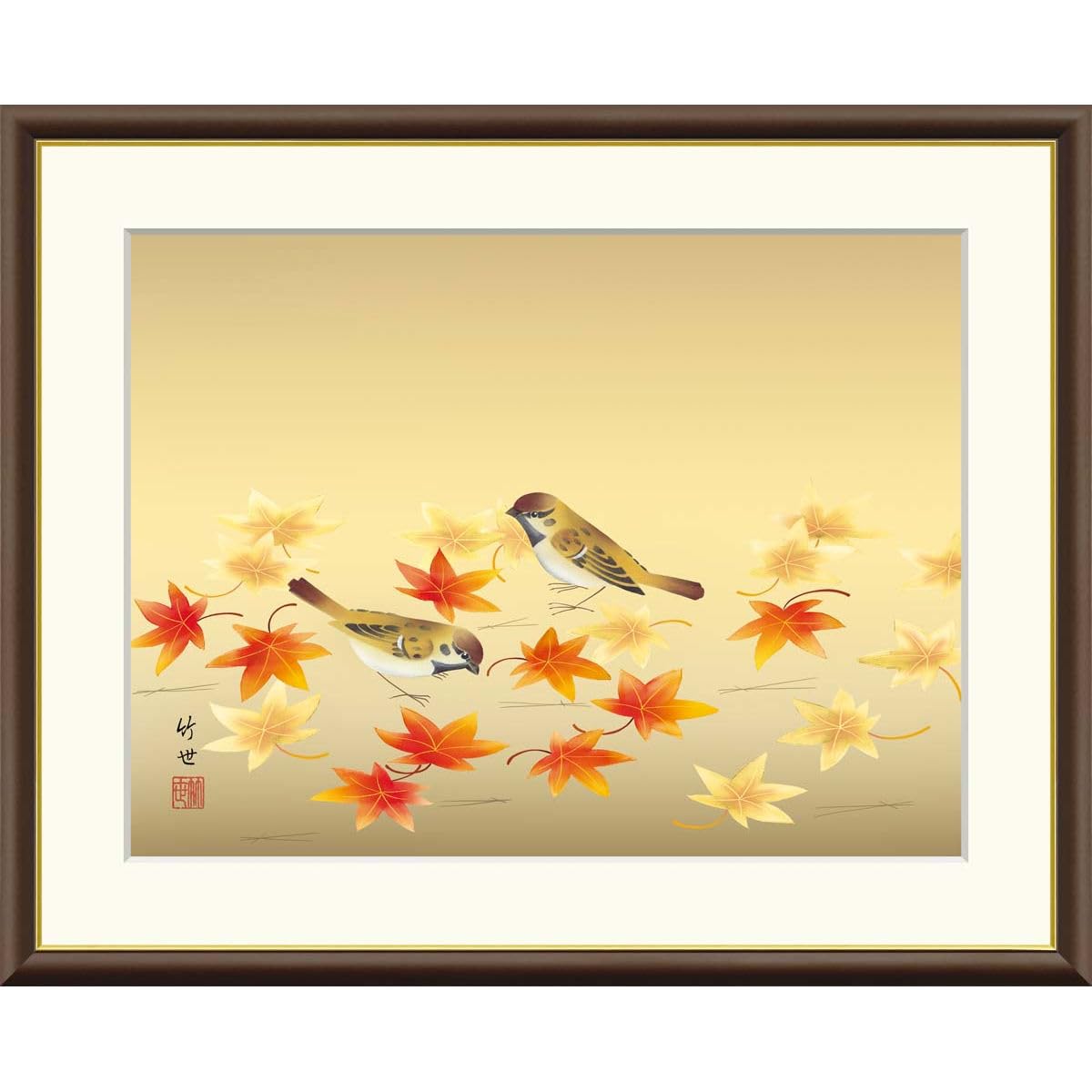 Amazon.co.jp: 絵画 現代日本画 花鳥画 秋飾り 紅葉に小鳥 田村竹世 額
