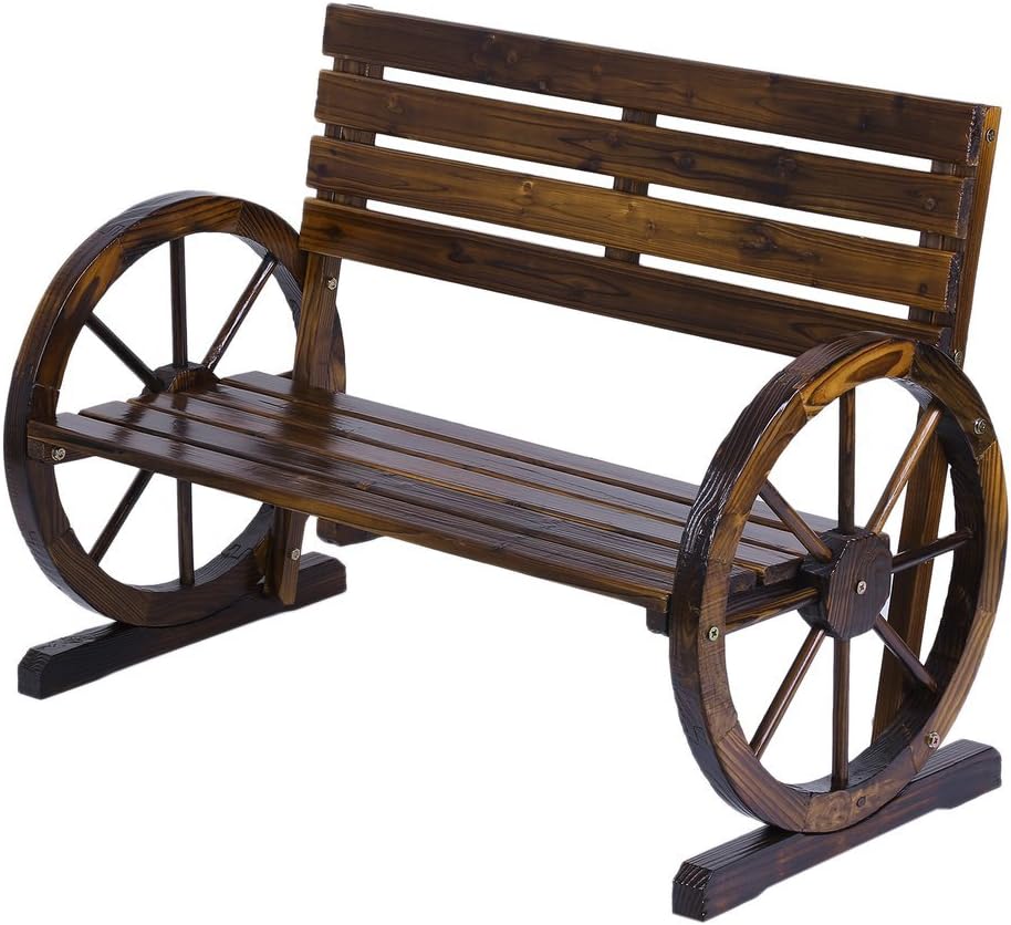 CalmTime Patio Garden Wooden Wagon Wheel Bench Rustic Outdoor Chair Furniture