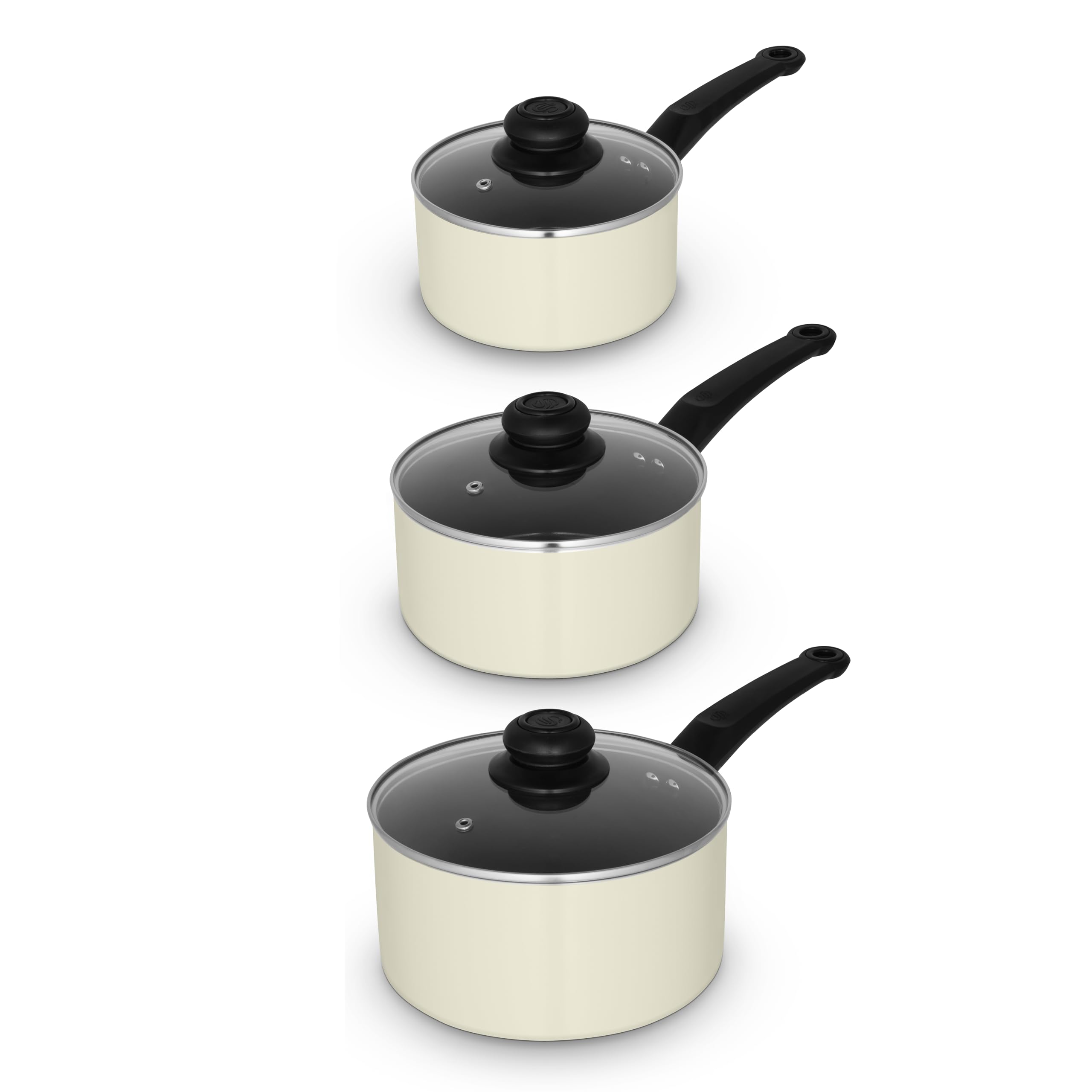 Swan Townhouse 3 Piece Saucepan Set with 16/18/20cm Saucepans with Glass Lids, Bakelite Handles, Suitable for All Hob Types (excluding Induction), Oven Safe, Cream