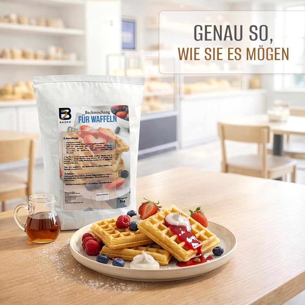 Bazko 5 kg Backmischung für Waffeln, Bubble-Waffeln, Pfannkuchen, Pancakes | Waffelteig Großpackung | Perfekt für Gastronomie und Hobbybäcker | für ca. 125 Stück