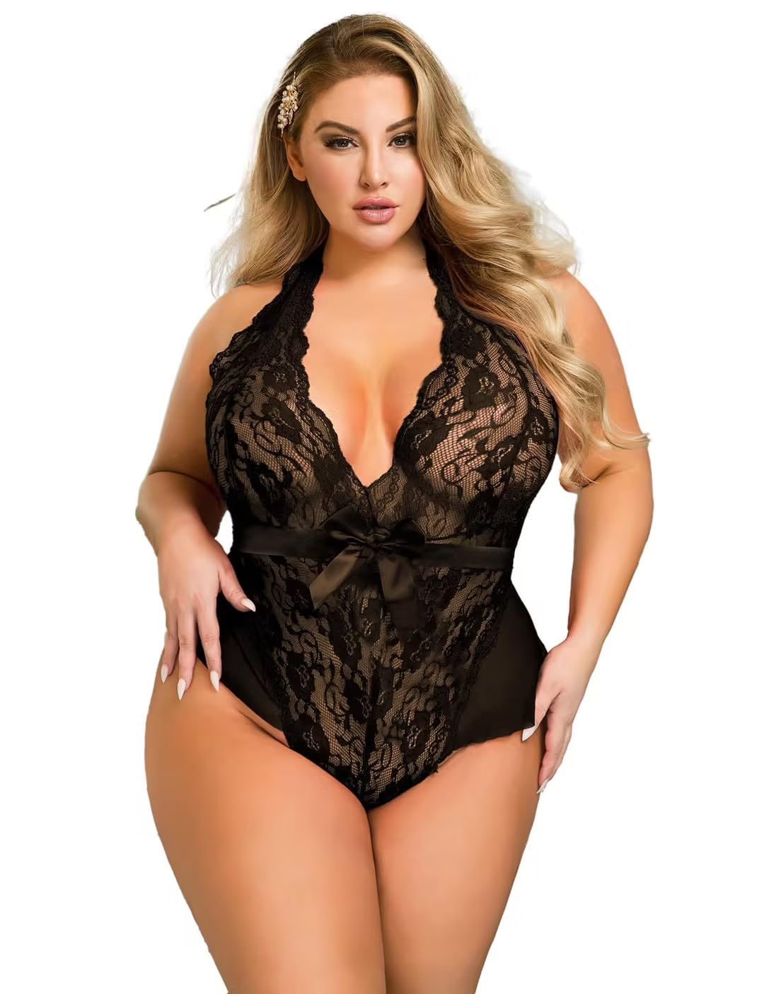 Women's Lace Bodysuit Plus Size Teddy Lingerie Set Sexy Babydoll Nightwear Deep V Neck Halter Negligee Outfit Clubwear Leotard Top Size Uk 8-22