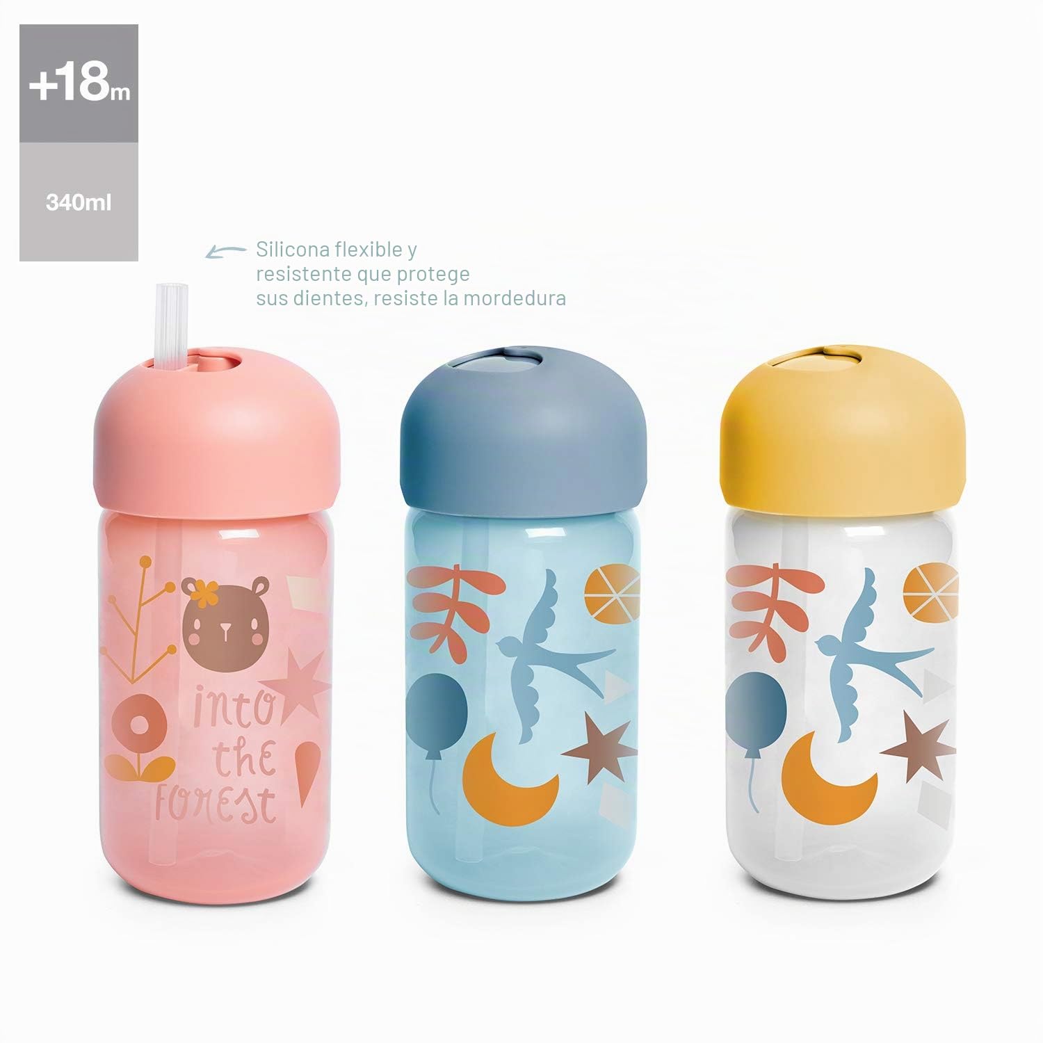 SUAVINEX, Vaso Aprendizaje para Bebés, Vaso Pajita de Silicona Suave y Flexible, con Sistema Antiderrame y Antigoteo, Apto Lavavajillas, Con Tapa, 340 ml, Botella para Bebés +18 Meses, Amarillo