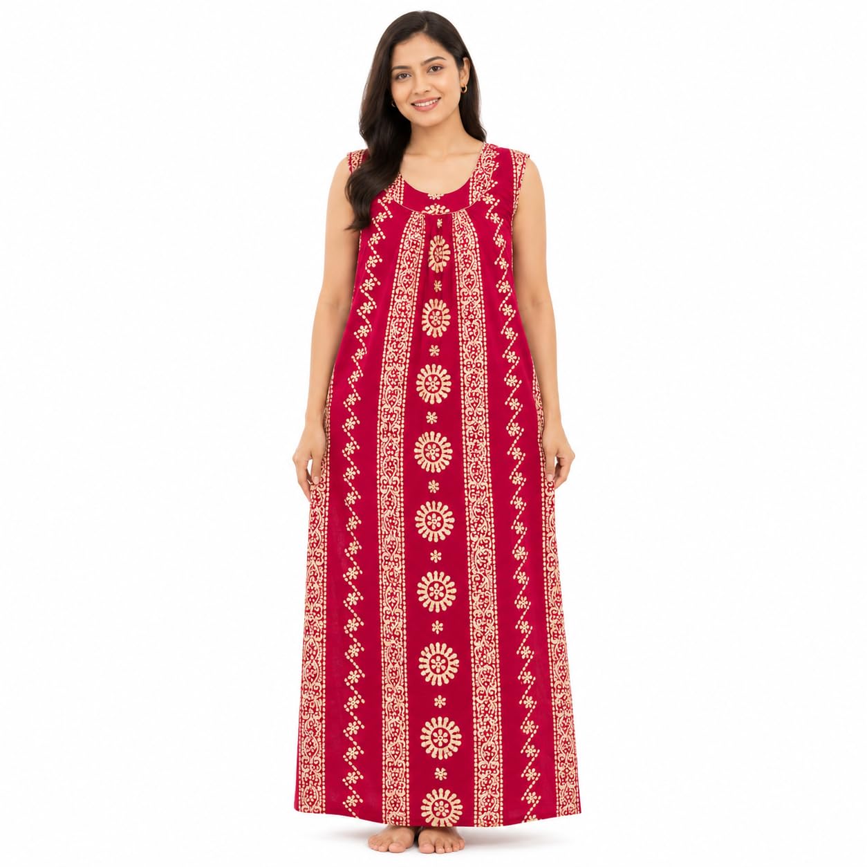 Women's Cotton Nighty | Rajwadi Print Maxi Night Gown | Sleeveless Round Neck Long Nighty | Soft Breathable Cotton Sleepwear | Printed Home Wear Lounge Wear | Full Length House Dress-image-43
