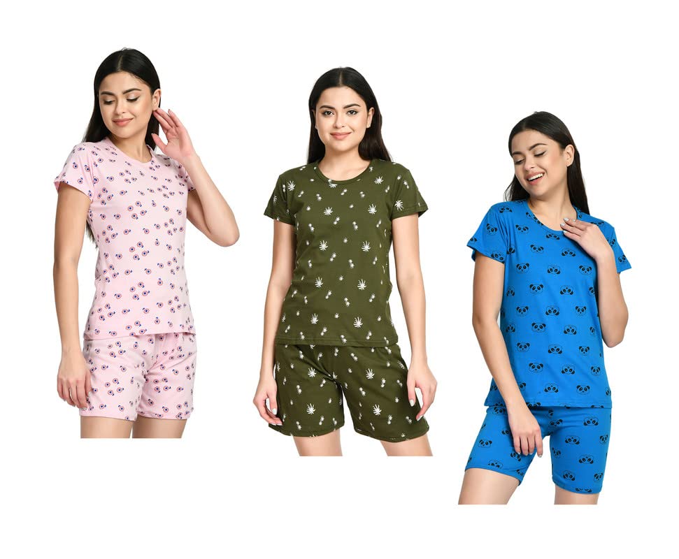 Image of IndiWeaves Cotton Printed Tops and Shorts Set Night Suit for Women (Pack of 3) Pink::Green::Blue