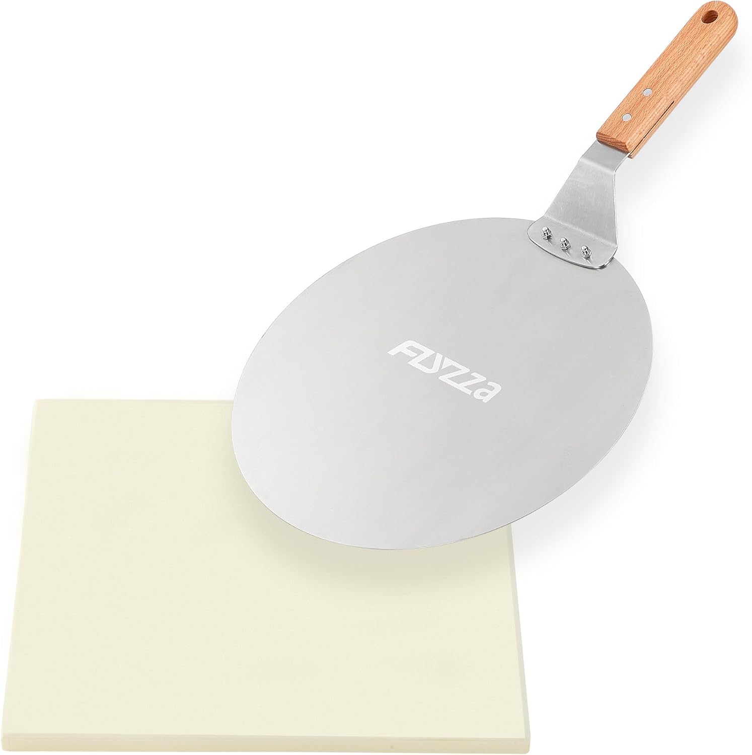 12" Round Stainless Peel+12" Square Pizza Stone for Large Oven, Pizza Spatula with Wood Handle