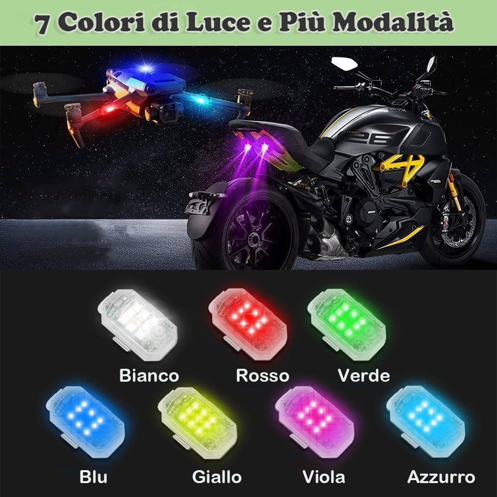 4 Luci Strobe LED Wireless con Telecomando - 7 Colori, Alta Luminosità, Ricaricabili USB, per Auto, Moto, Drone
