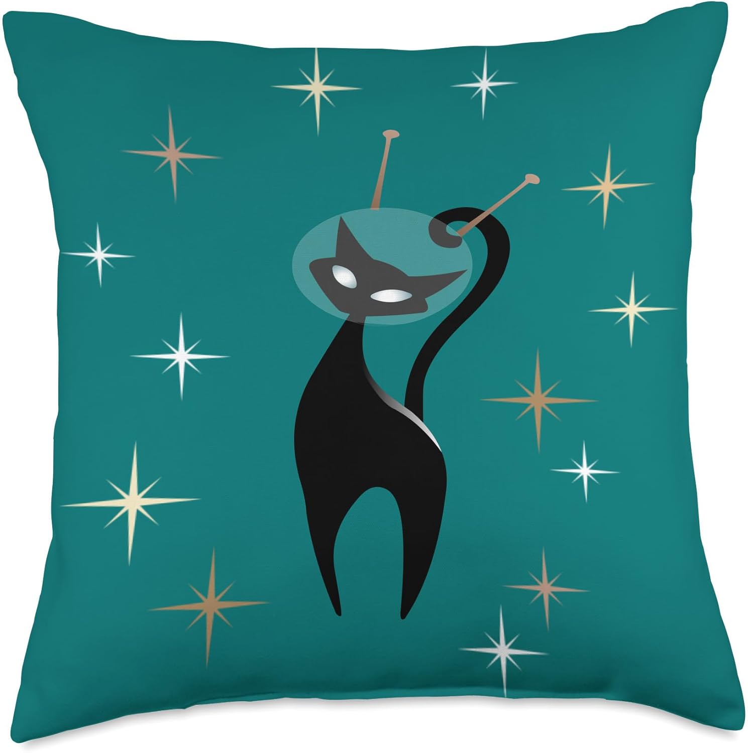 MCM Retro Atomic Mid Century Modern Space Cat Turquoise Throw Pillow