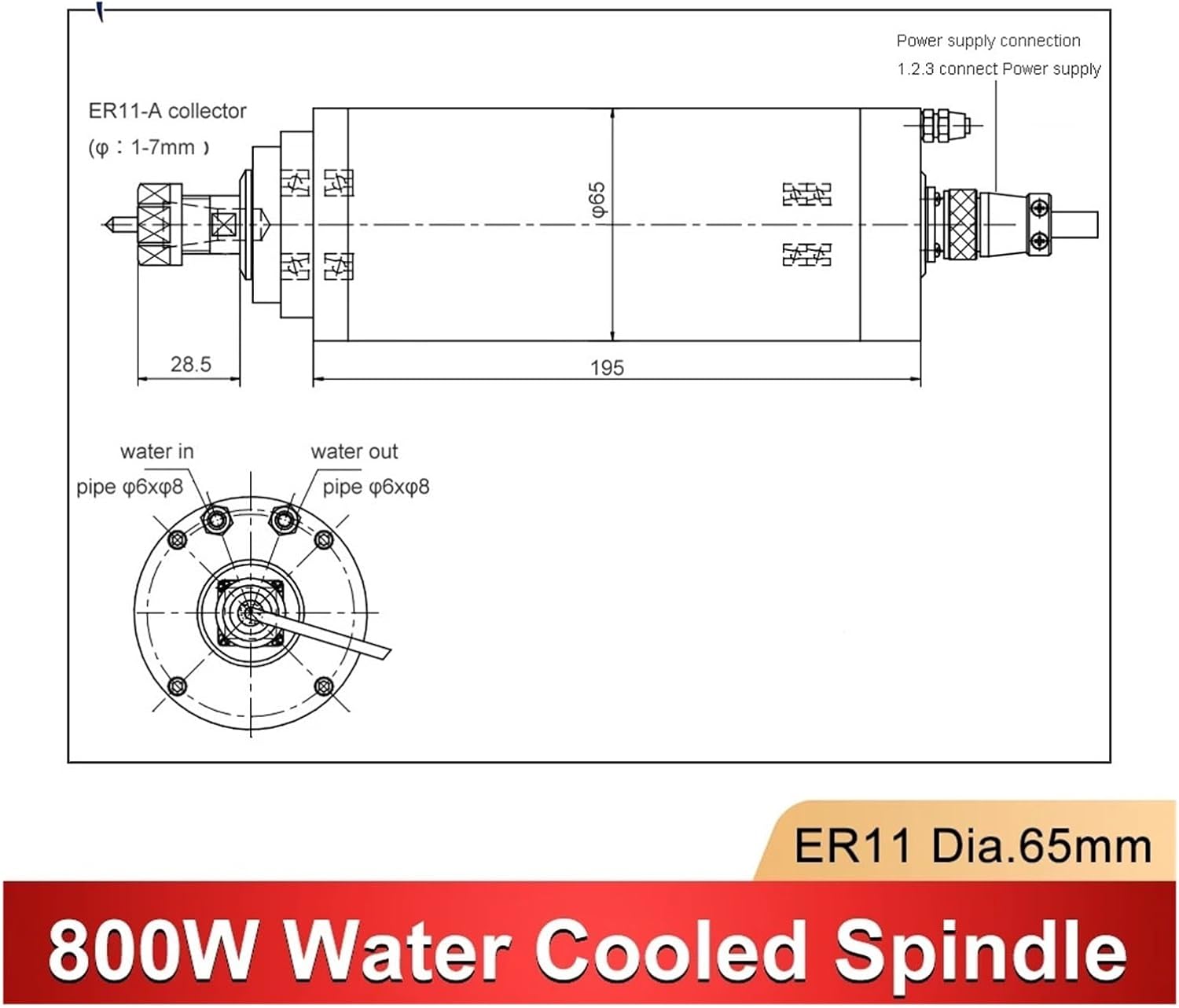 800W water-cooled spindle motor ER11 diameter 65 * 195mm 4 bearings 220V