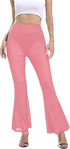 Pantalones brillantes de malla transparente para mujer, acampanados, de cintura alta, acampanados, para fiestas y festivales de baile