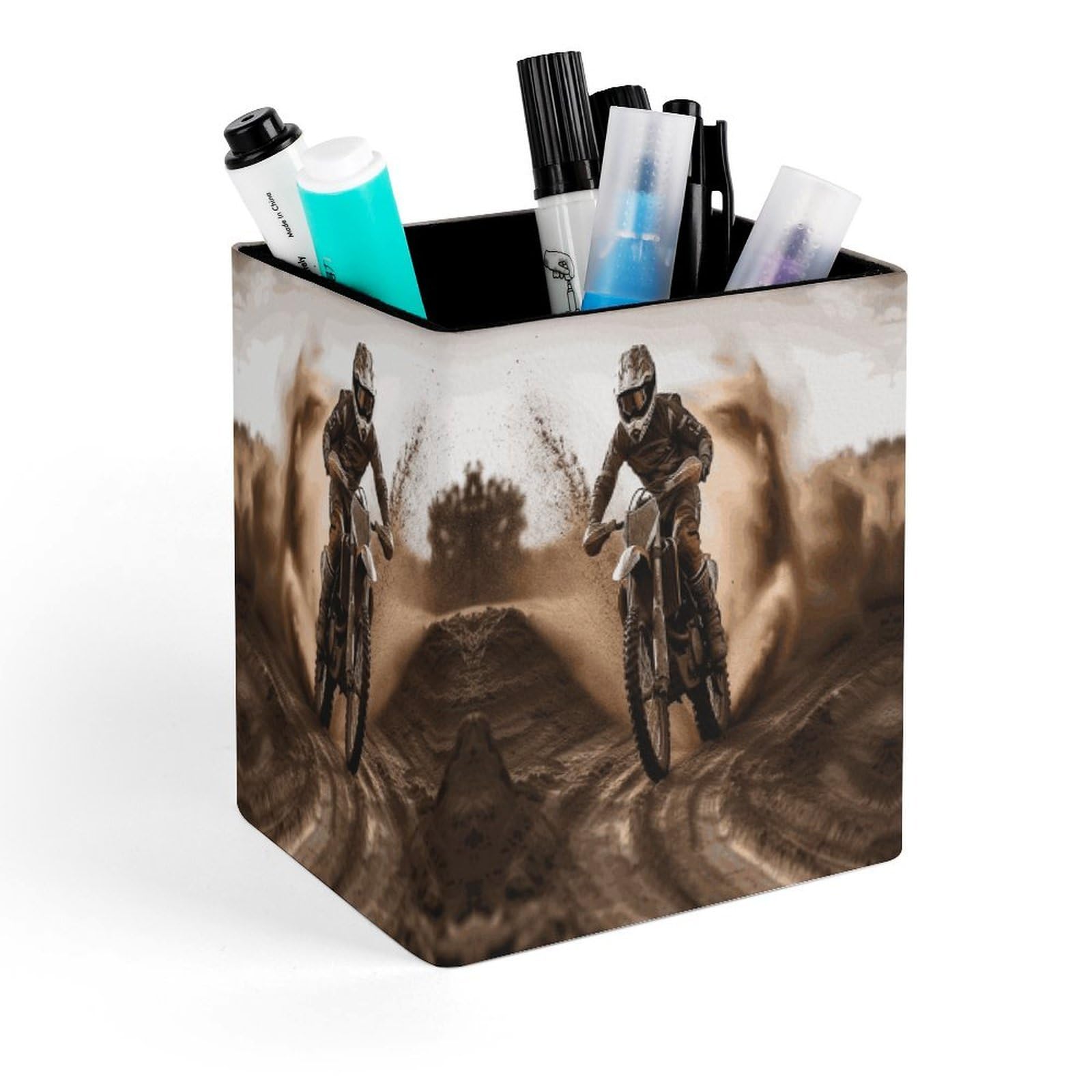 FekiLoot Motocross Pencil Holder for Desk Square Leather Pen Holder Cup Desktop Organizer Multi-Functional Pencil Cup Holders Modern Decorative Desk Organizer Caddy Makeup Brush Holders