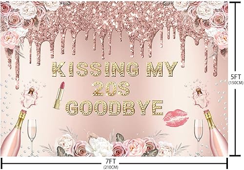 Miniatura 5 de Telón de fondo de feliz cumpleaños de 7 x 5 pies para mujer, besando mis 20 años, despedida, oro rosa, purpurina, bohemio, floral, champán, fondo de