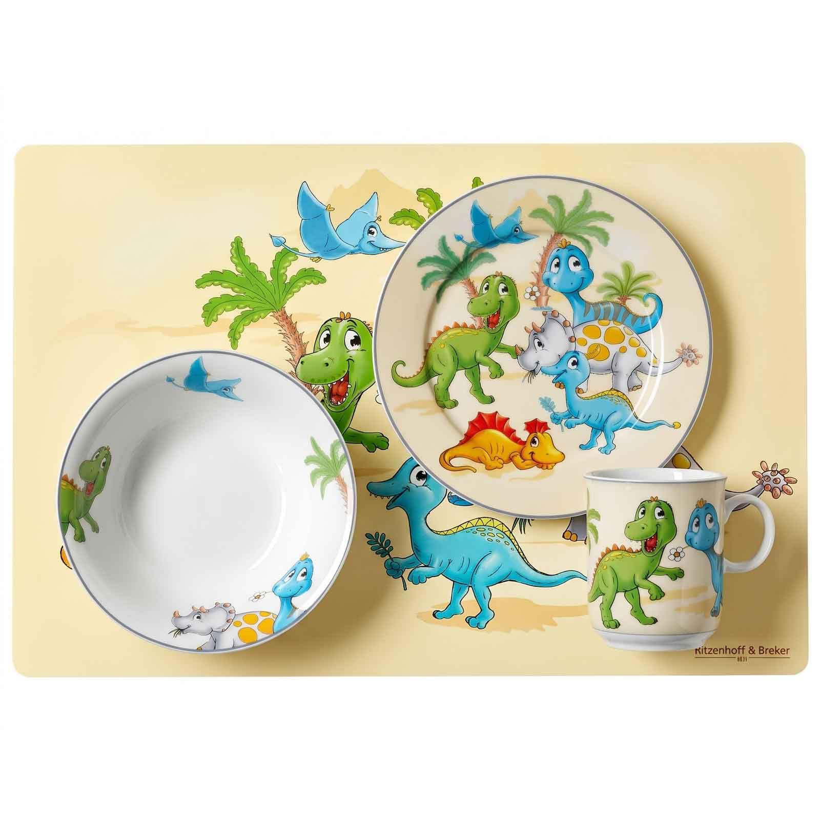Ritzenhoff & Breker Set di stoviglie per bambini con tovagliette a forma di dinosauro, 4 pezzi, colorate, ciotole, bicchieri, piatti in porcellana, 45 x 30 cm, set per bambini con motivi di dinosauri