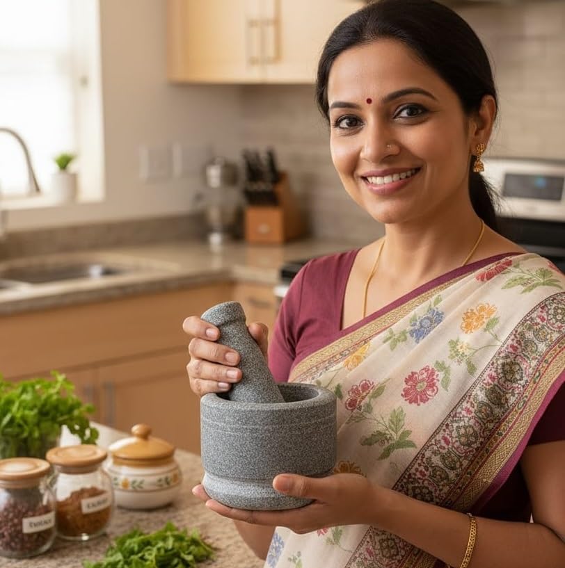 Image of Premium Stone Mortar and Pestle for Kitchen | Traditional Sil Batta Stone | Silbatta for Chutney, Rolu Rokali for Spice, Herb & Chutney Grinder | Authentic Granite Mortar Pestle Set