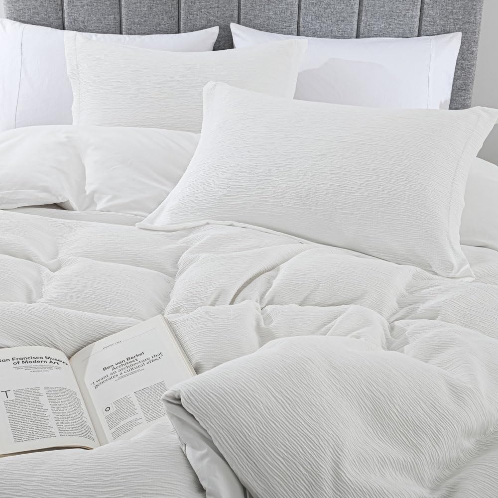 CozyDH Texture Duvet Cover King Size - White Faux Cotton Wrinkle Stripe Seersucker King Duvet Cover Set, 3 PCS Super Soft Lightweight Bedding Set (Cloud Cotton-Like, 104 x 90, No Comforter)