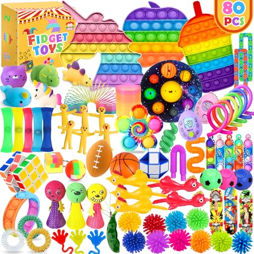 Chennyfun Stressabbau Spielzeug Set, 80Pcs Sensory Zappeln Anti Stress Spielzeug-Infinity Cube Sensorisches, Einhorn Fidget Toys Für Kinder Und Angst Mit Angstlust, Autismus Und ADHS