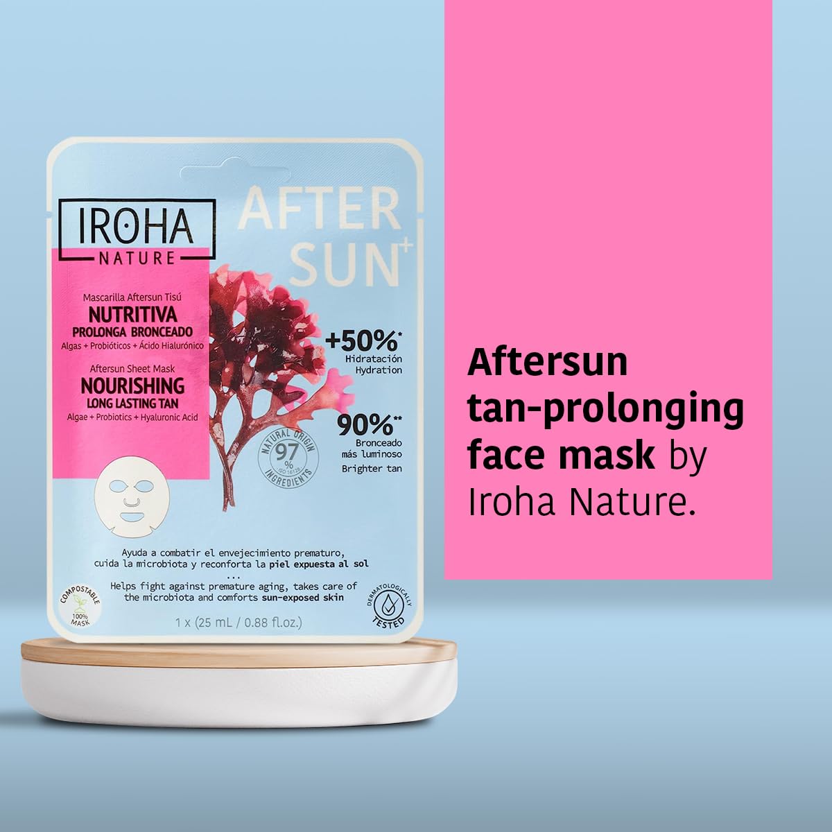 IROHA NATURE AFTERSUN Facial Mask that Nourishes & Prolongs Tan | 15 Pack | With Algae, Probiotics & Hyaluronic Acid | More Hydrated, Strengthened & Glowing Skin | Anti-Aging