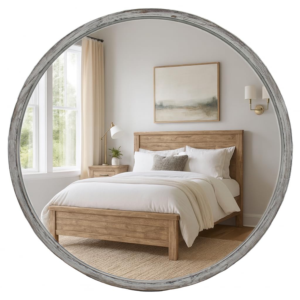 30-inch Real Wood Frame Round Mirror, Large Rustic Gray Farmhouse Wall Mount Circle Mirror for Bathroom, Living Room, Bedroom, Home Décor