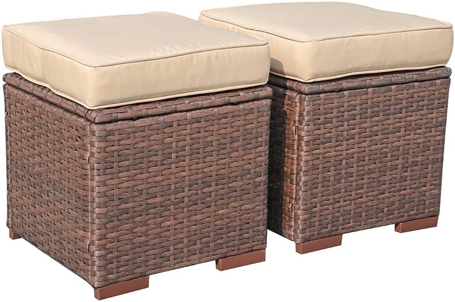 Super Patio Outdoor Ottoman, 2 Piece All Weather Wicker Rattan Patio Ottoman Set with Cushion, Steel Frame, Brown