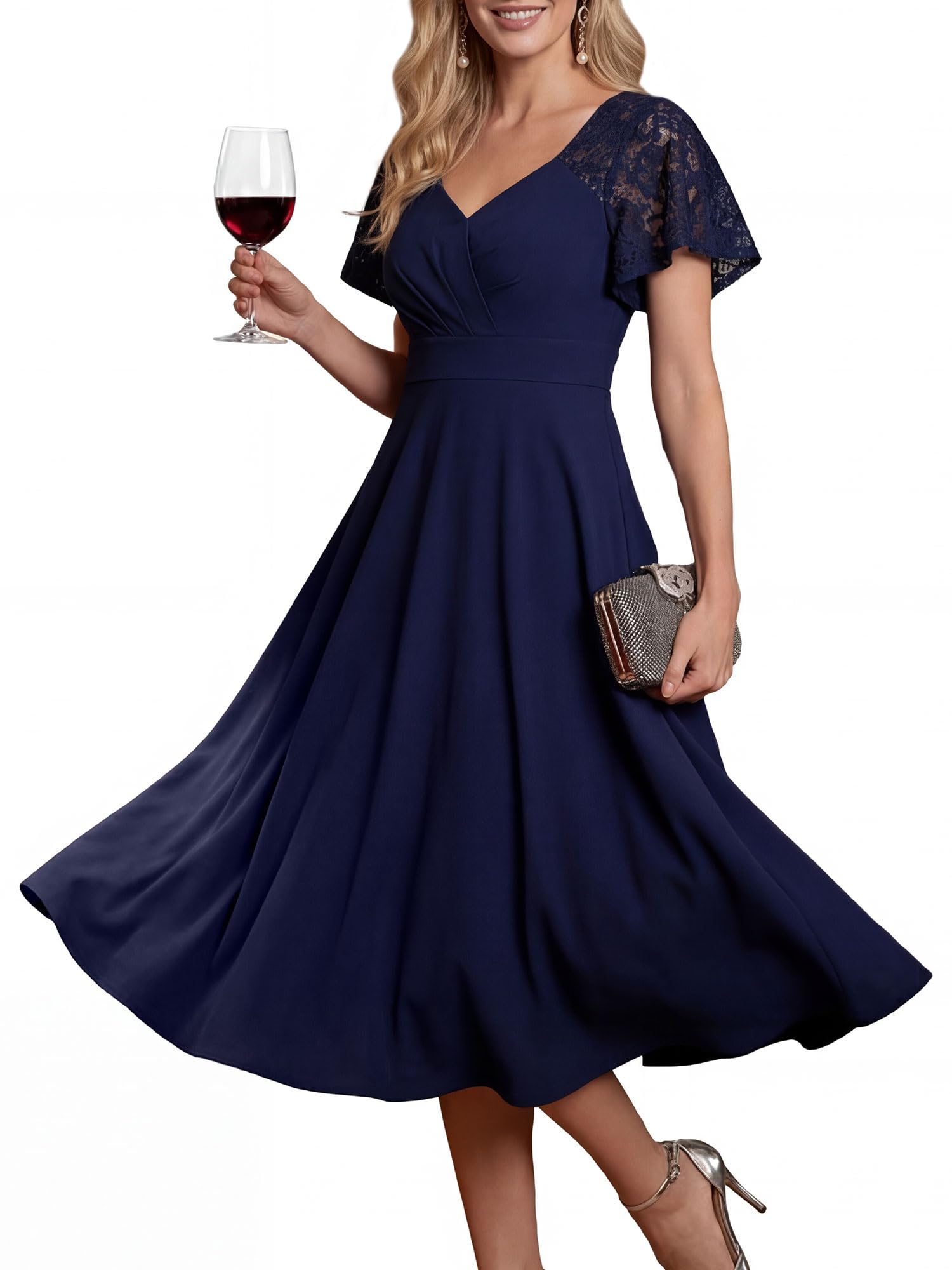Ever-Pretty Robe Cocktail Élégante Col V Manches Courtes en Dentelle Bleu Marine pour Soirée Chic EG02334