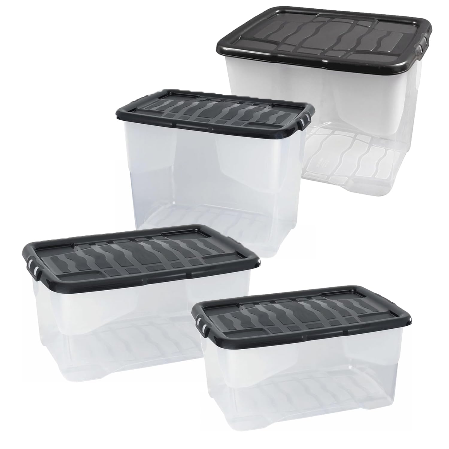 Pluto Packaging Black Clear Transparent Base Stackable Nestable Home Office Schools Curve Plastic Storage Containers With Lids (10, 10 Litre)