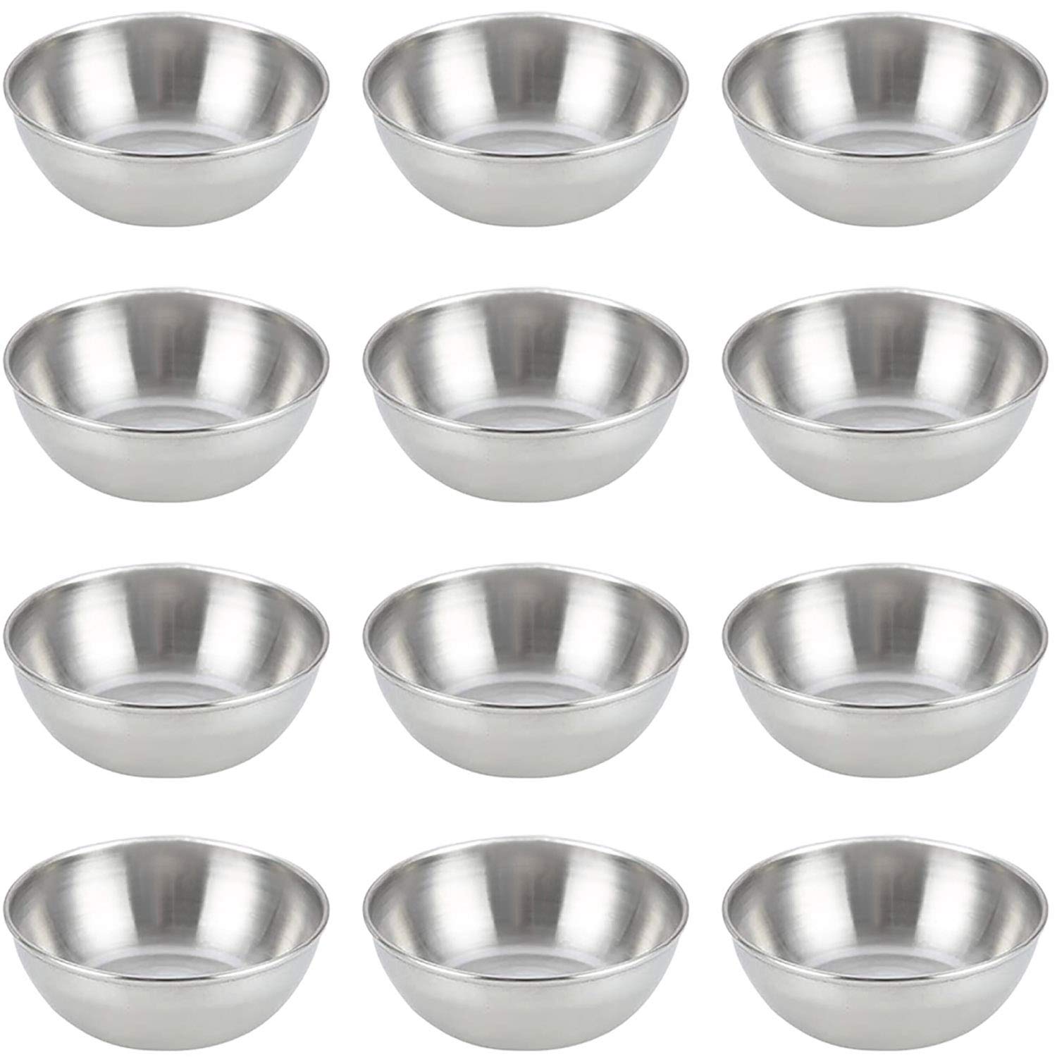 Lomodo 12 unidades de cuencos redondos de acero inoxidable para salsa, platos de condimento, platos de sushi, plato de aperitivo (3,23 pulgadas x 1,18 pulgadas x 2,05 pulgadas)