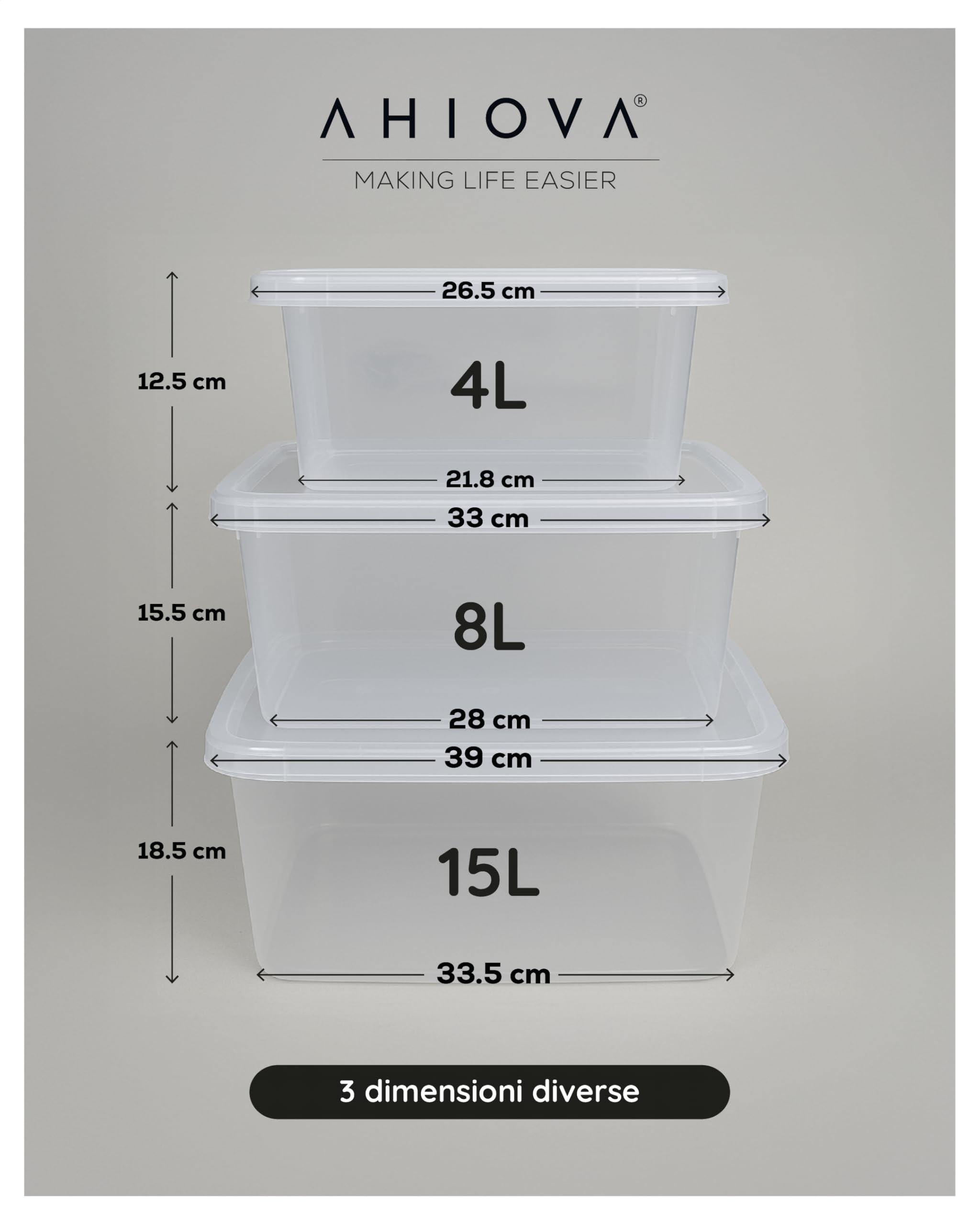 Scatole Plastica 8L con Coperchio Set 5 Portaoggetti Impilabili 100% Trasparenti Click Pressione 33x24x15,5cm Bagno Garage Ufficio Salvaspazio Senza BPA Prodotte Europeo