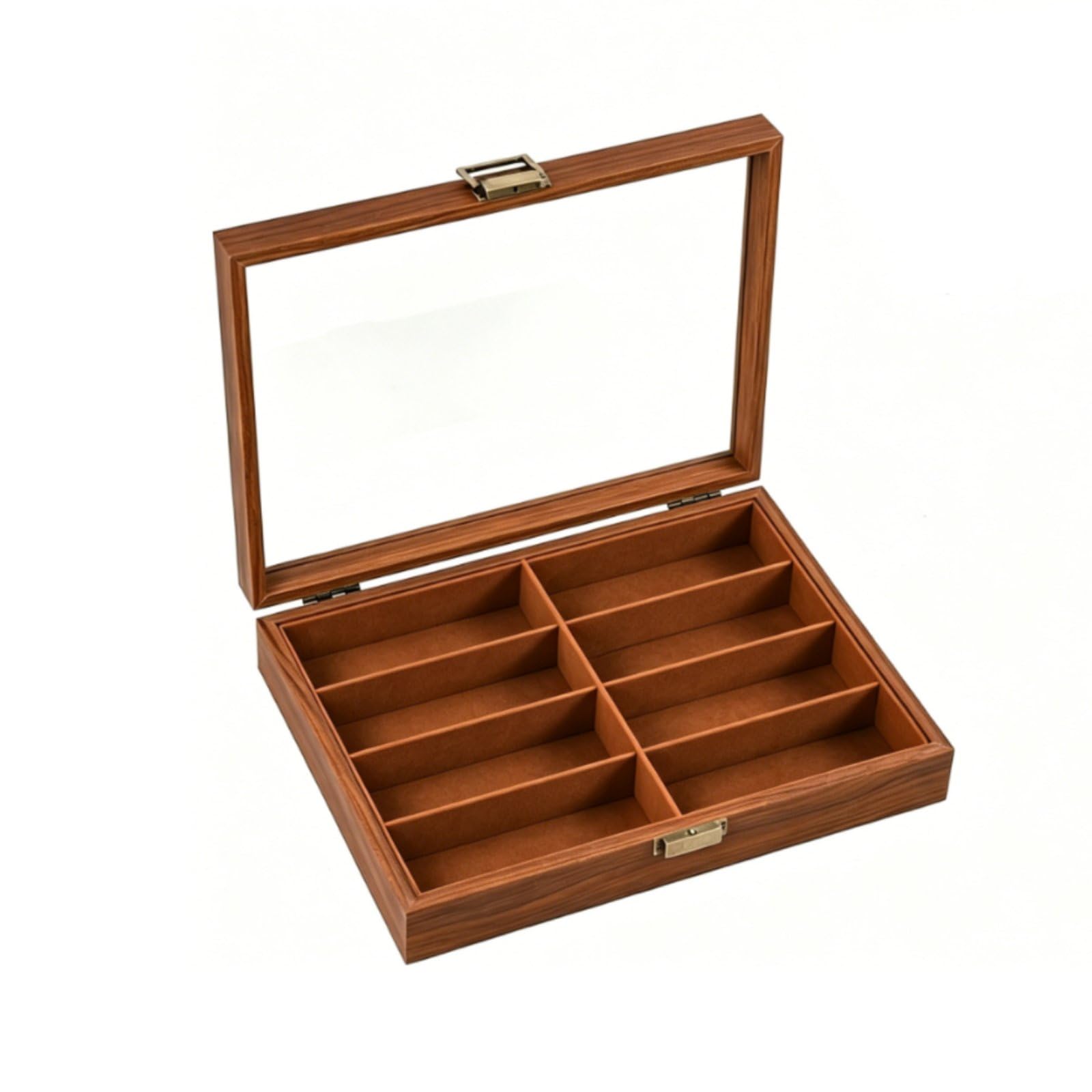 Étui de Rangement Lunettes Boîte Présentation Organisateur Vitrine Couvercle Transparent avec Charnière et Fermoir Protection Contre la Poussière en, Marron, Marron Intérieur Café