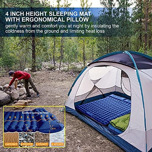 Double Camping Mat Inflatable Camping Mattress Ultralight Sleeping Mat with Built-in Pump, Foot Press Extra Thick Durable 2 Person Sleeping Pad with Pillow For Backpacking, Traveling, Hiking