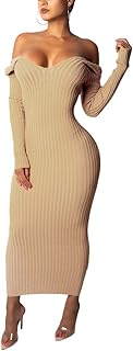 Women's Casual Off Shoulder Long Sleeves Slim Knit Bodycon Sweater Dress Midi Pencil Dress.