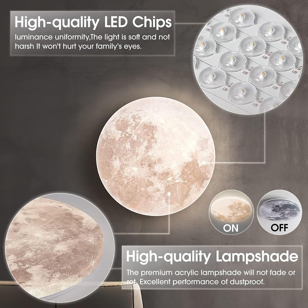 AoLa Lampada da soffitto a forma di luna moderna LED dimmerabile con telecomando Lampada da parete rotonda 3D forma di luna Lampada decorativa da parete Terra Luna Lampada da parete 3000-6500K,48CM