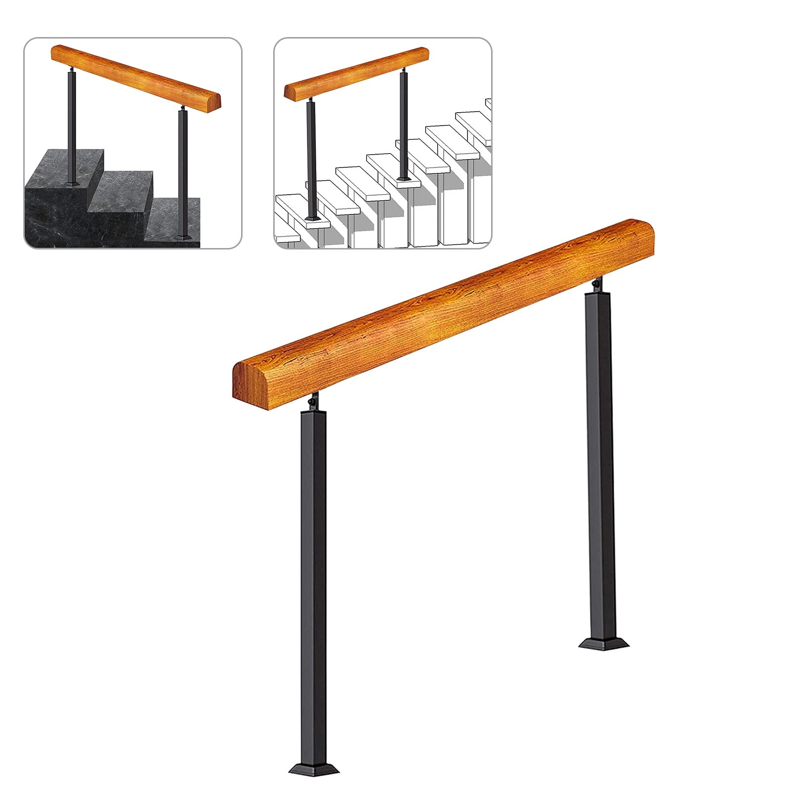 Rampe d'escalier extérieur en bois massif et fer forgé noir avec kit